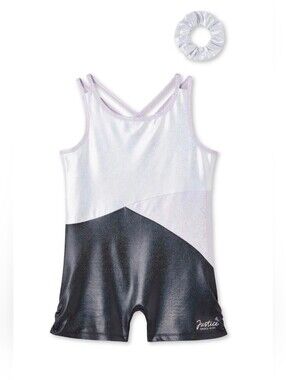 Justice Shimmery Black and Purple Dance Gymnastic Romper with Matching Scrunchie